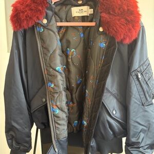 Coach MA-1 Navy Bomber Jacket with Red Shearling Removable Collar - Size M